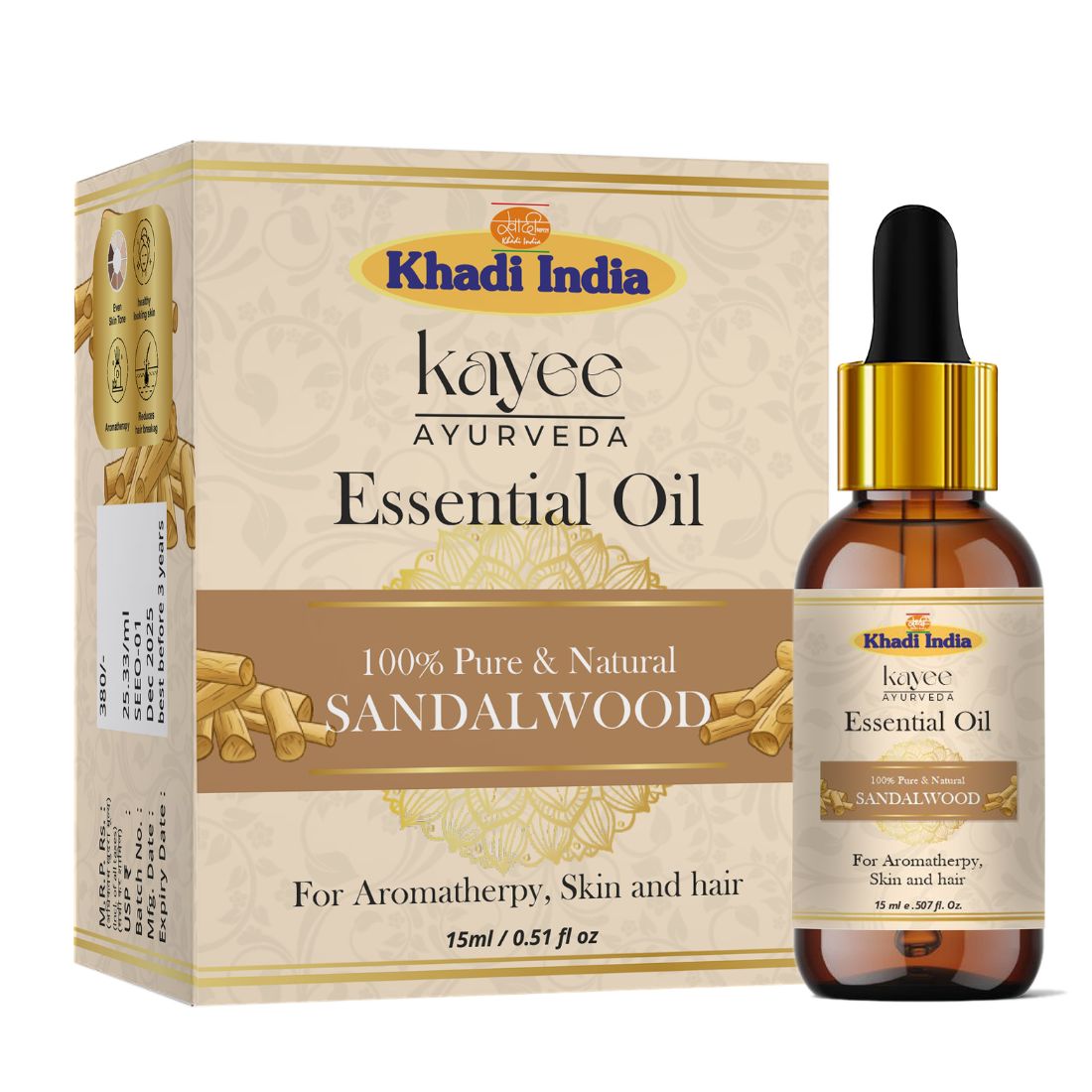 Kayee Ayurveda Sandalwood Aroma Essential Oil for Diffuser & Aromatherapy, Warm Woody Fragrance Oil for Meditation, Yoga, Massage, Spa & Home Fragrance, Multi-Purpose Essential Oil | 15 ml