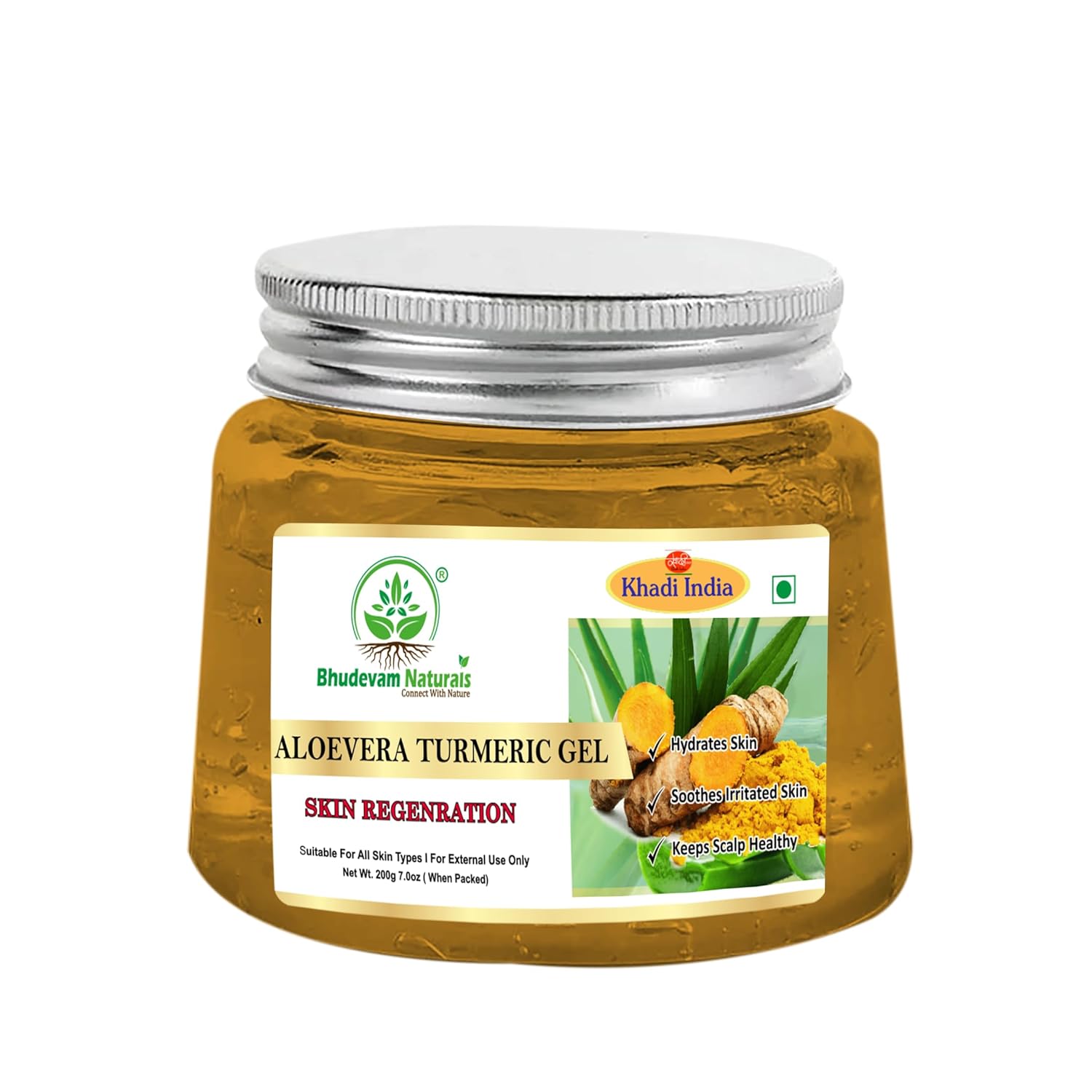 Bhudevam Naturals Khadi Aloe Vera Turmeric Gel for Face & Hair – Skin Brightening, Anti-Acne & Hydrating Moisturizer- 200GM