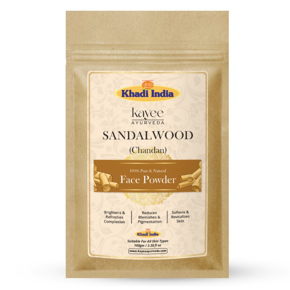 Kayee Ayurveda Sandalwood Face Powder for Face | Natural Chandan Powder for Glowing, Fresh & Radiant-Looking Skin | Ayurvedic Sandalwood Powder for Face Packs, Skin Care & Beauty Routine | Suitable for All Skin Types | 100 g