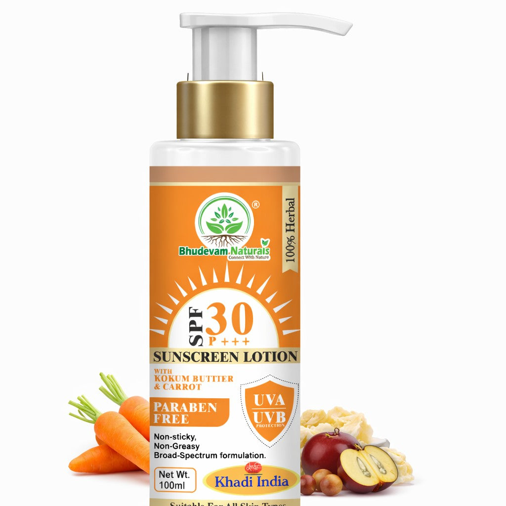 Bhudevam Naturals Khadi SPF 30 Sunscreen Lotion | Broad Spectrum UVA UVB Sunblock for All Skin Types- 100ML
