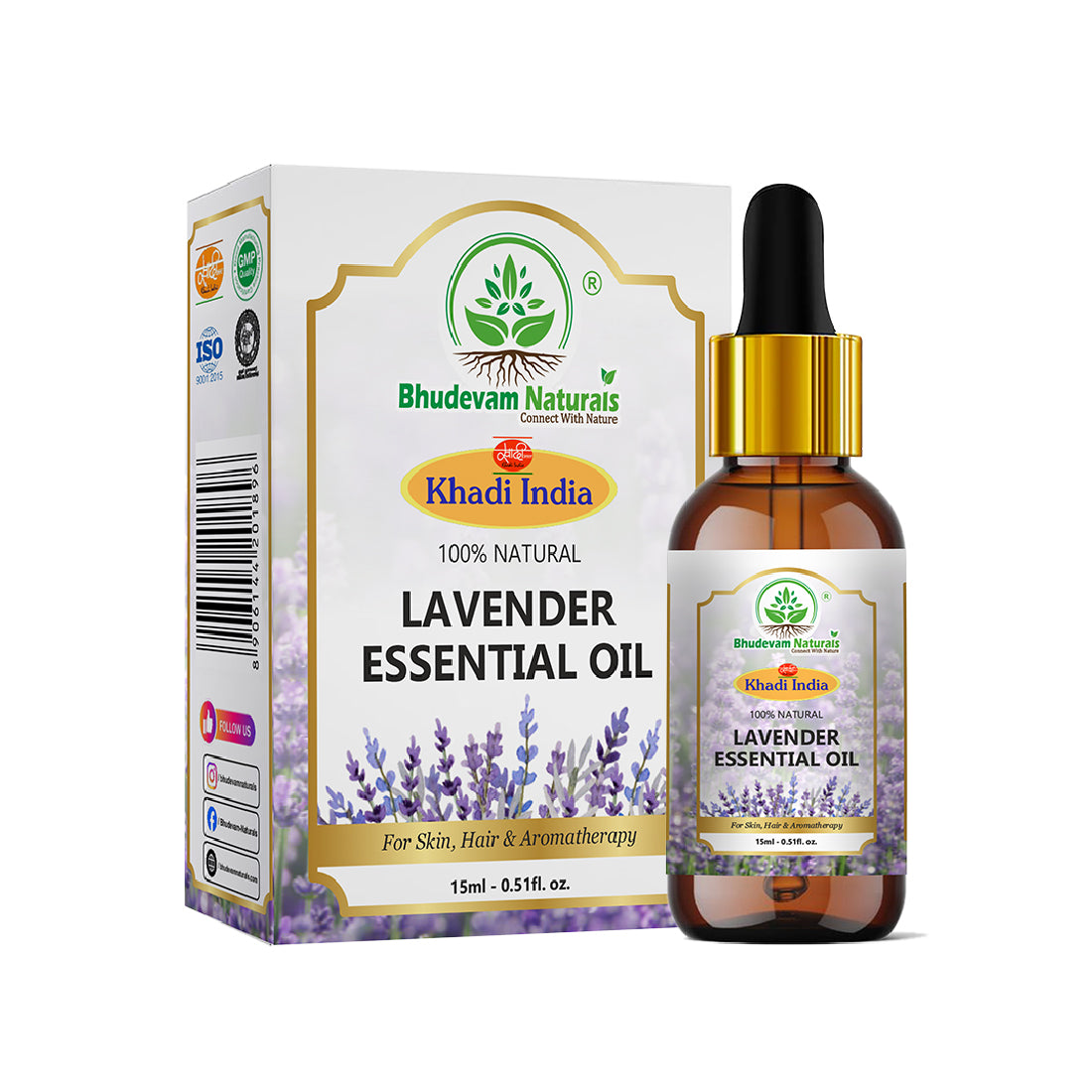 Bhudevam Naturals Khadi Lavender Essential Oil for Aromatherapy, Stress Relief, Skin & Hair Care, Diffuser, Sleep Support & Massage - 15ml