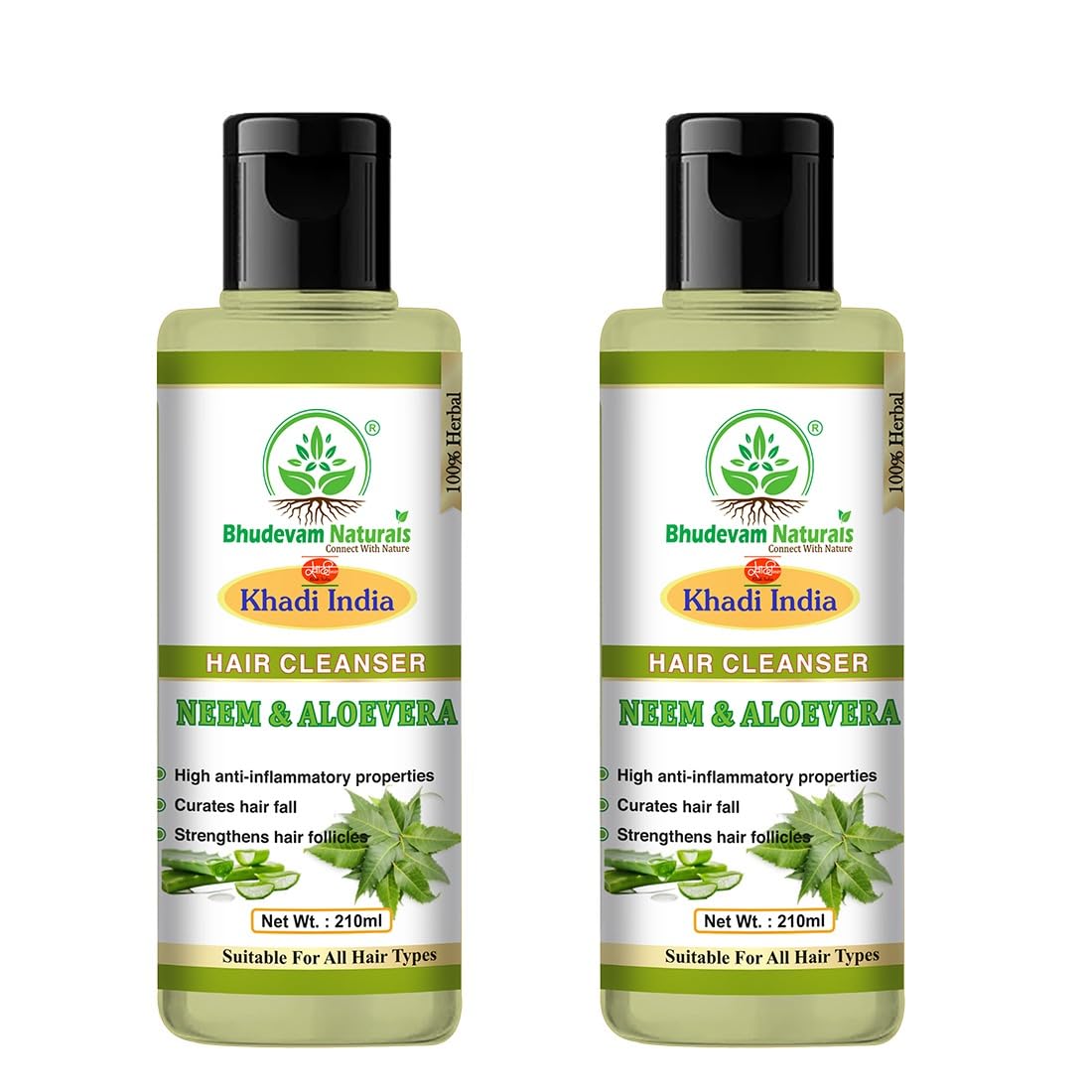 Bhudevam Naturals Khadi Neem & Aloe Vera Shampoo – Reduces Hair Fall & Adds Shine- 420ML (Pack of 2)