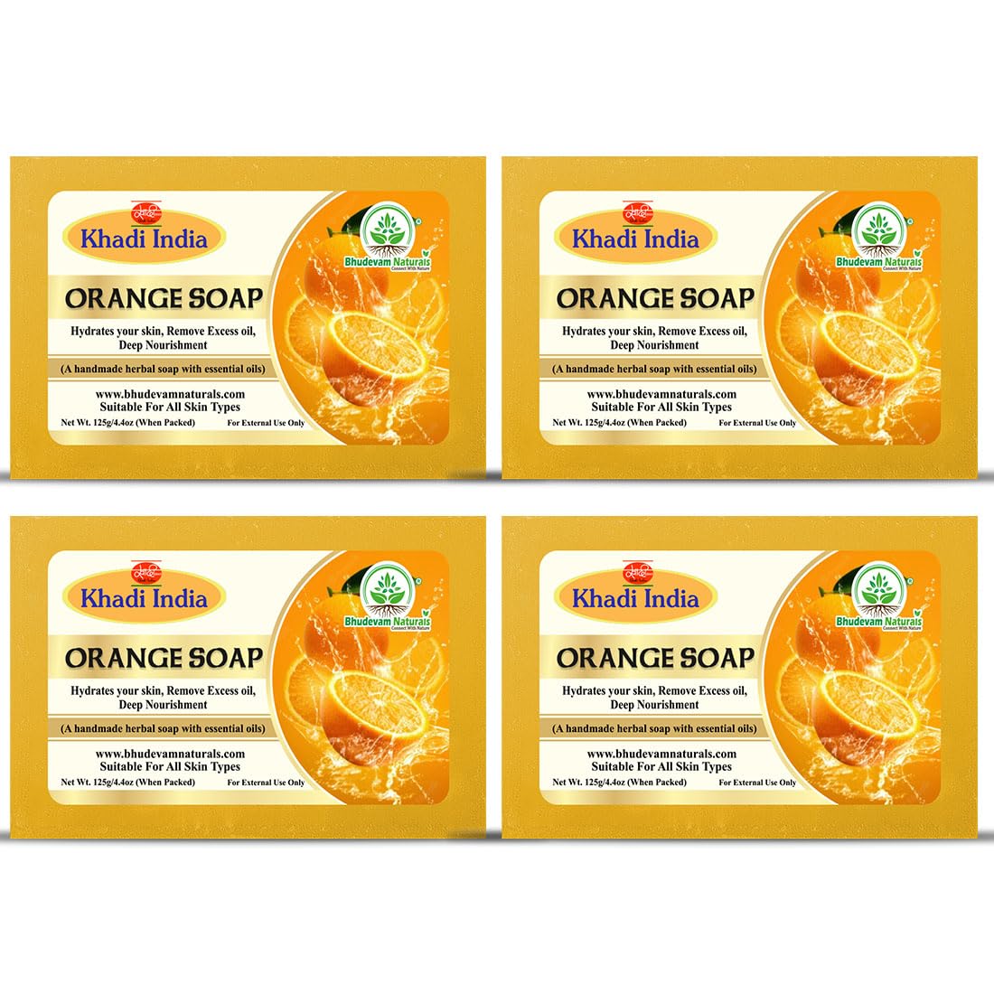 Bhudevam Naturals Khadi Orange Soap with Vitamin C – Skin Brightening & Refreshing Bath Bar- 500GM (Pack of 4)