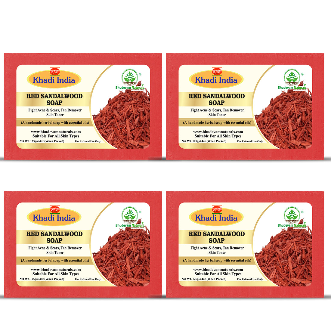 Bhudevam Naturals Khadi Red Sandalwood Soap For Natural Skin Brightening & Tan Removal Bath Soap - 500GM (Pack of 4)