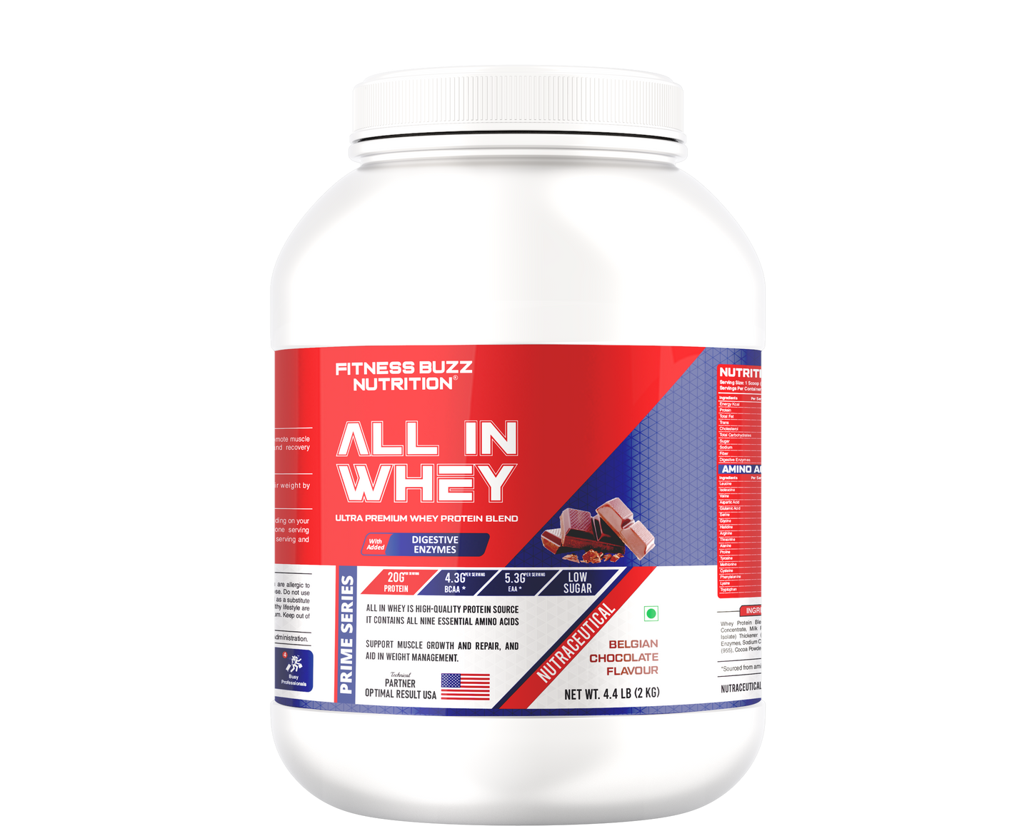 Fitness Buzz Nutrition I Prime Series I All in Whey with Added Digestive Enzymes I 20G Protein Per Serving I 4.3 BCAA Per Serving I 5.3G EAA Per Serving I Low Sugar I Nutraceutical I Veg I Belgian Chocolate