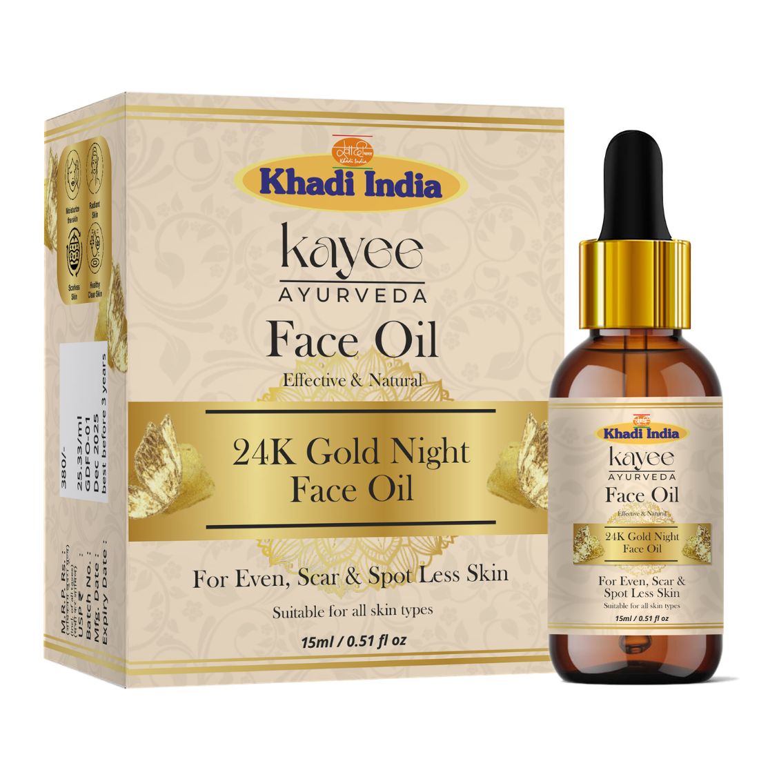 Kayee Ayurveda 24K Gold Night Facial Oil, Luxury-Inspired Overnight Skincare Oil for Face, Helps Moisturize Skin and Improve the Appearance of Dullness & Uneven Tone, Daily Night Care for Women & Men | 15 ml