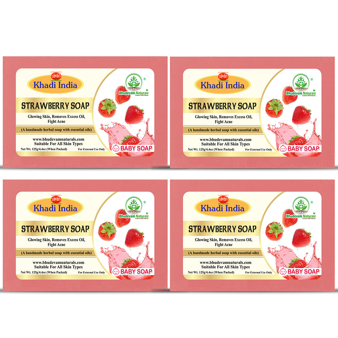 Bhudevam Naturals Khadi Strawberry Handmade Bath Soap for Soft, Smooth & Radiant Skin- 500GM (Pack of 4)