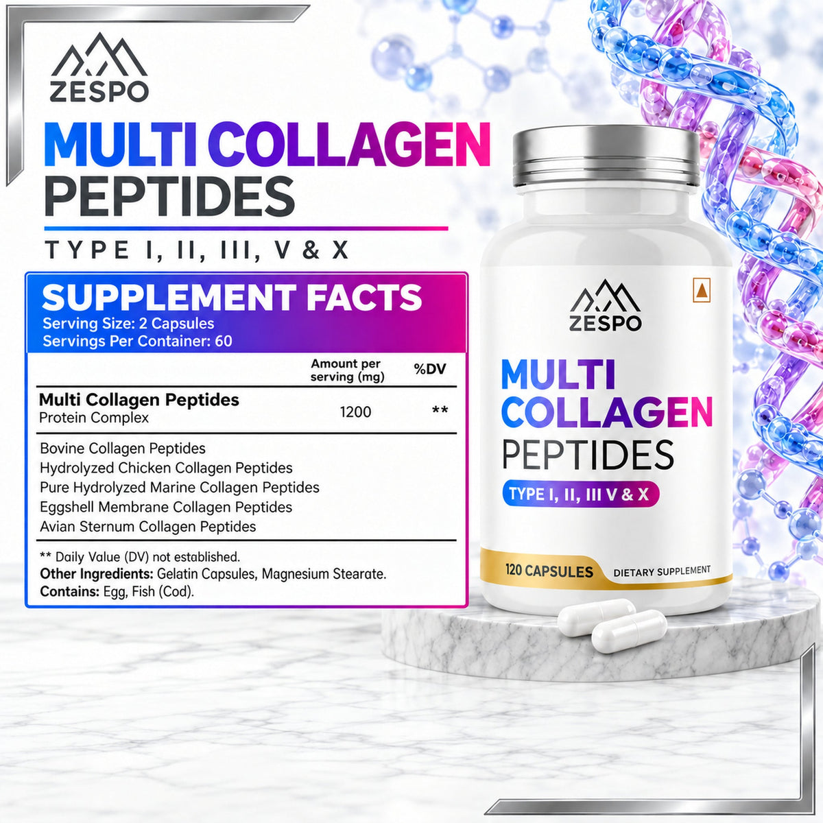 Zespo Multi Collagen Peptides Type I, II, III, V & X 1,200  Supports Skin, Hair, Nails, Joints & Bone Health – 120 Capsules
