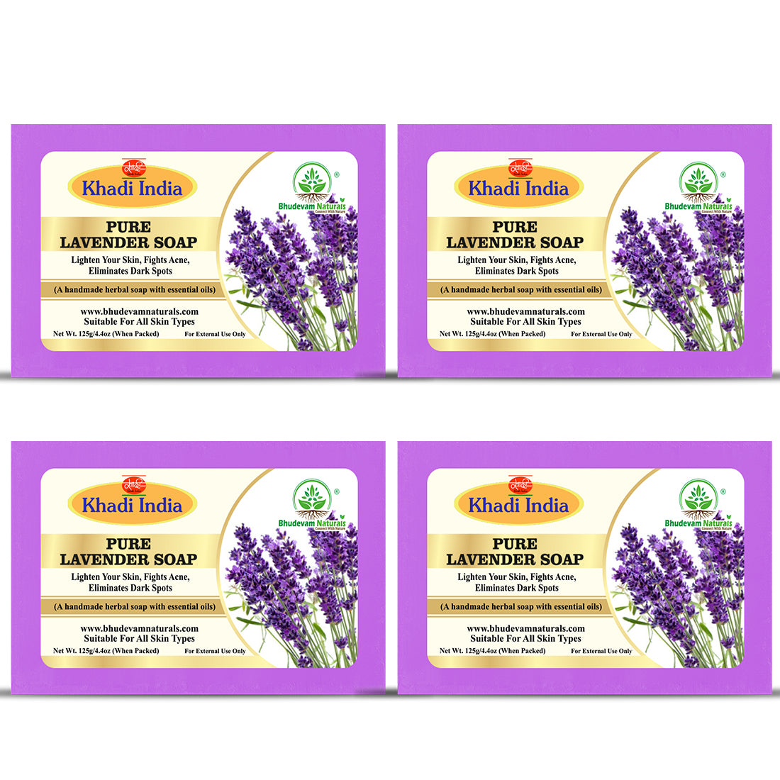Bhudevam Naturals Khadi Pure Lavender Handmade Bath Soap for Relaxing Aroma, Soft & Glowing Skin- 500GM (Pack of 4)