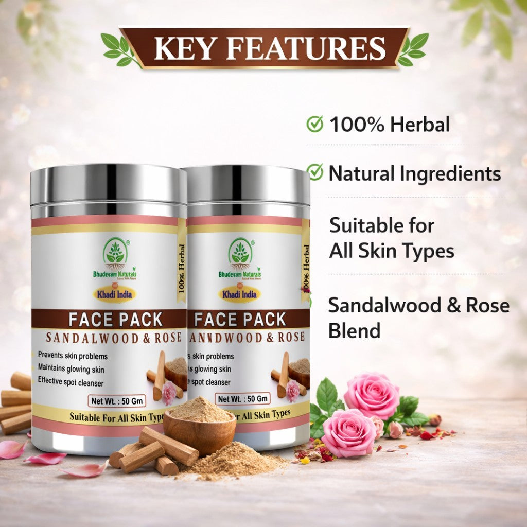 Bhudevam Naturals Khadi Rose Sandalwood Face Pack For for Skin Brightening, Cooling & Deep Cleansing- 100GM (Pack of 2)