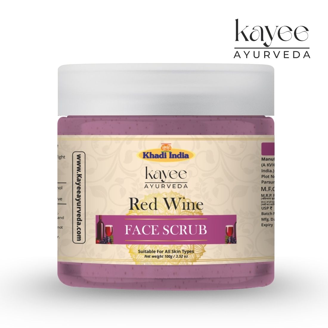 Kayee Ayurveda Red Wine Face Scrub for Glowing & Smooth Skin | Herbal Red Wine Facial Scrub for Gentle Exfoliation, Deep Cleansing & Dead Skin Removal | Helps Remove Dirt, Excess Oil & Impurities for Soft, Fresh & Radiant-Looking Skin