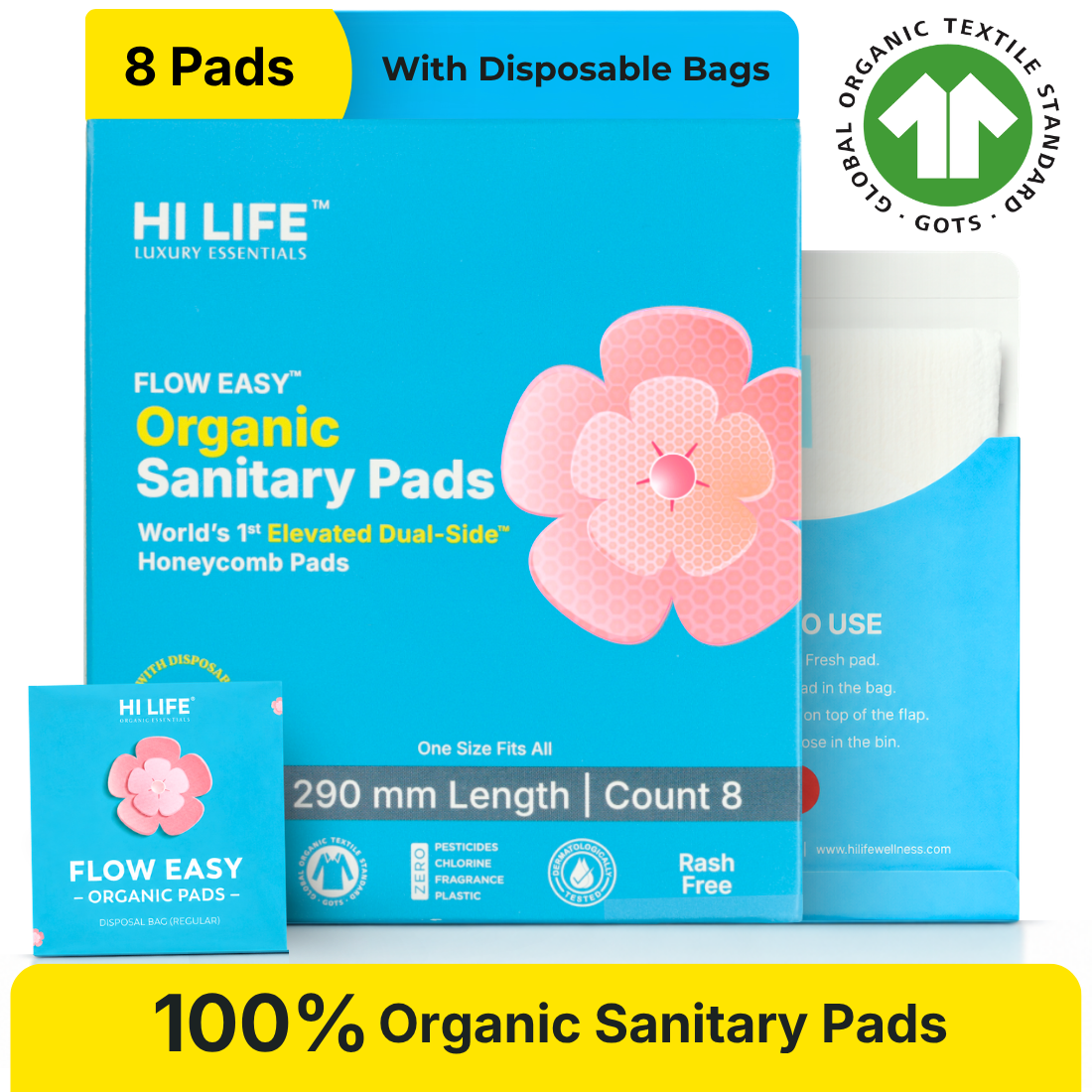 Hi Life Flow Easy Organic Period Pads 280mm | 100% Organic Cotton Top Sheet Sanitary Napkins for Regular & Medium Flow (Pack of 8)