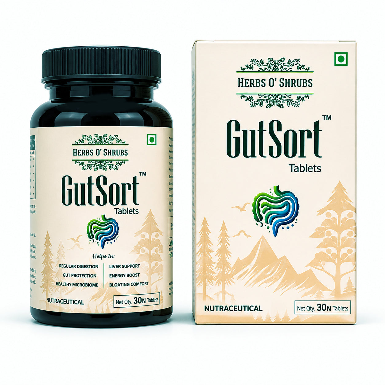 Herbs O’ Shrubs GutSort | Ayurvedic Gut Health Tablets | Digestive Enzymes With Triphala, Spirulina, CoQ10, Jaiphal | Supports Good Digestion System , Immunity & Energy | Gut Cleanse Detox Supplement, 30 Tablets