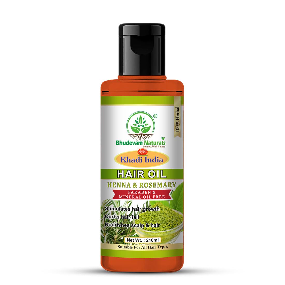 Bhudevam Naturals Khadi Henna Rosemary Hair Oil for Hair Growth & Hair Fall Control- 210ML