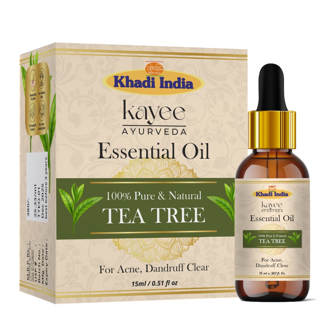 Kayee Ayurveda Tea Tree Essential Oil for Face & Hair Care, Aromatherapy & Diffuser, Herbal Aroma Oil for Skin Care, Scalp Care, Yoga, Meditation, Massage & Home Fragrance | 15 ml