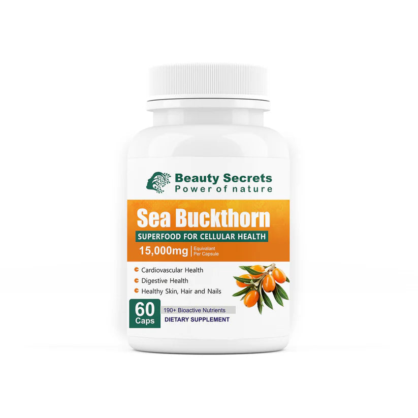Beauty Secrets Sea Buckthorn Capsules 15000 mg | Sea Buckthorn Berry Extract | with Omega-7 | High Potency Antioxidant Supplement for Immune Support, Digestive & Heart Health | 60 Veg Capsules