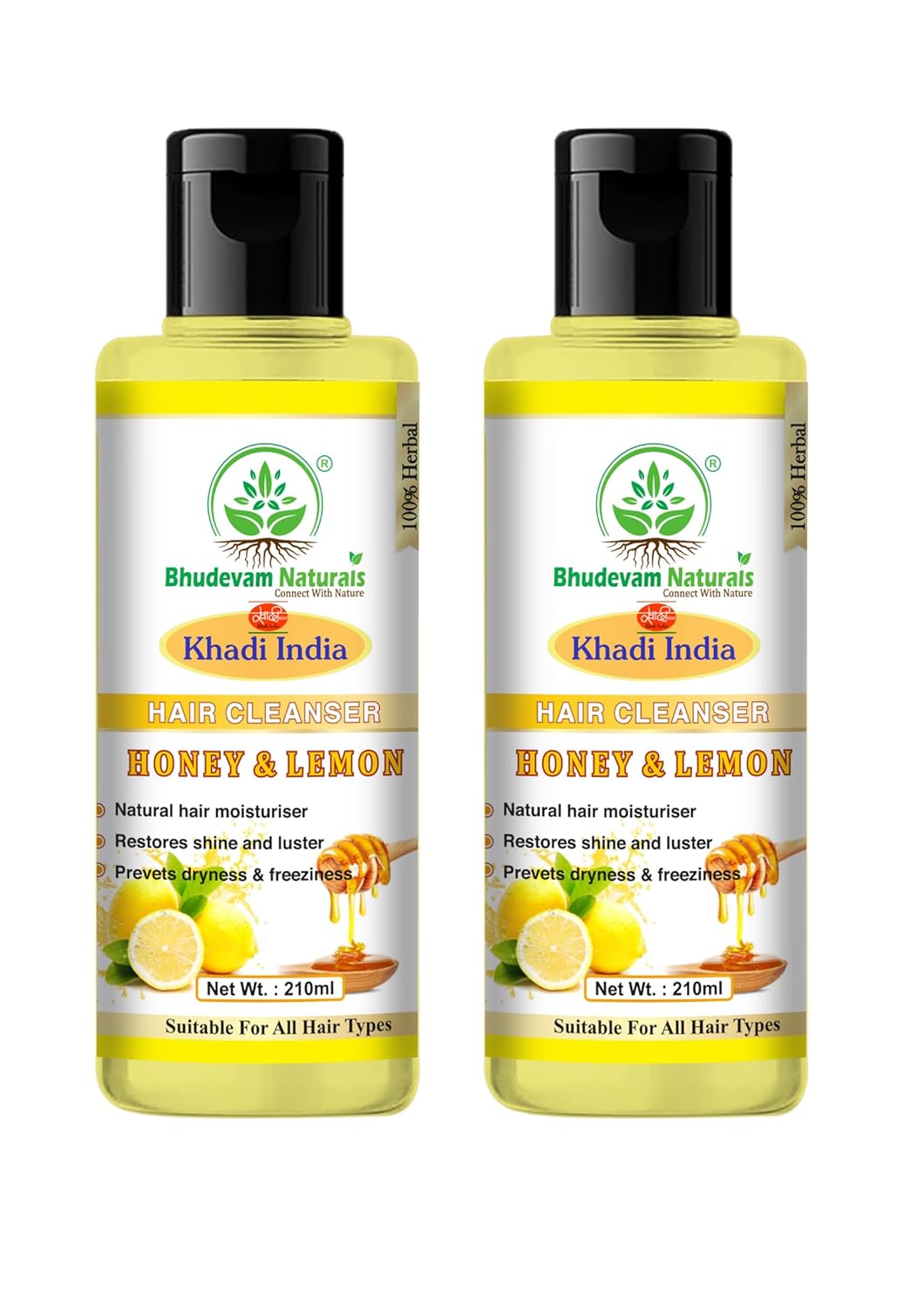 Bhudevam Naturals Khadi Honey Lemon Shampoo for Dandruff Control & Fresh, Healthy Hair- 420ML (Pack of 2)