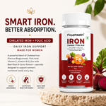 Fixuphealth Chelated Iron Supplement for Women | Folic Acid, Vitamin B12, Vitamin C, Zinc, Beetroot & Carrot Extract | High Absorption Iron Tablets for Women | (60 Tablets)