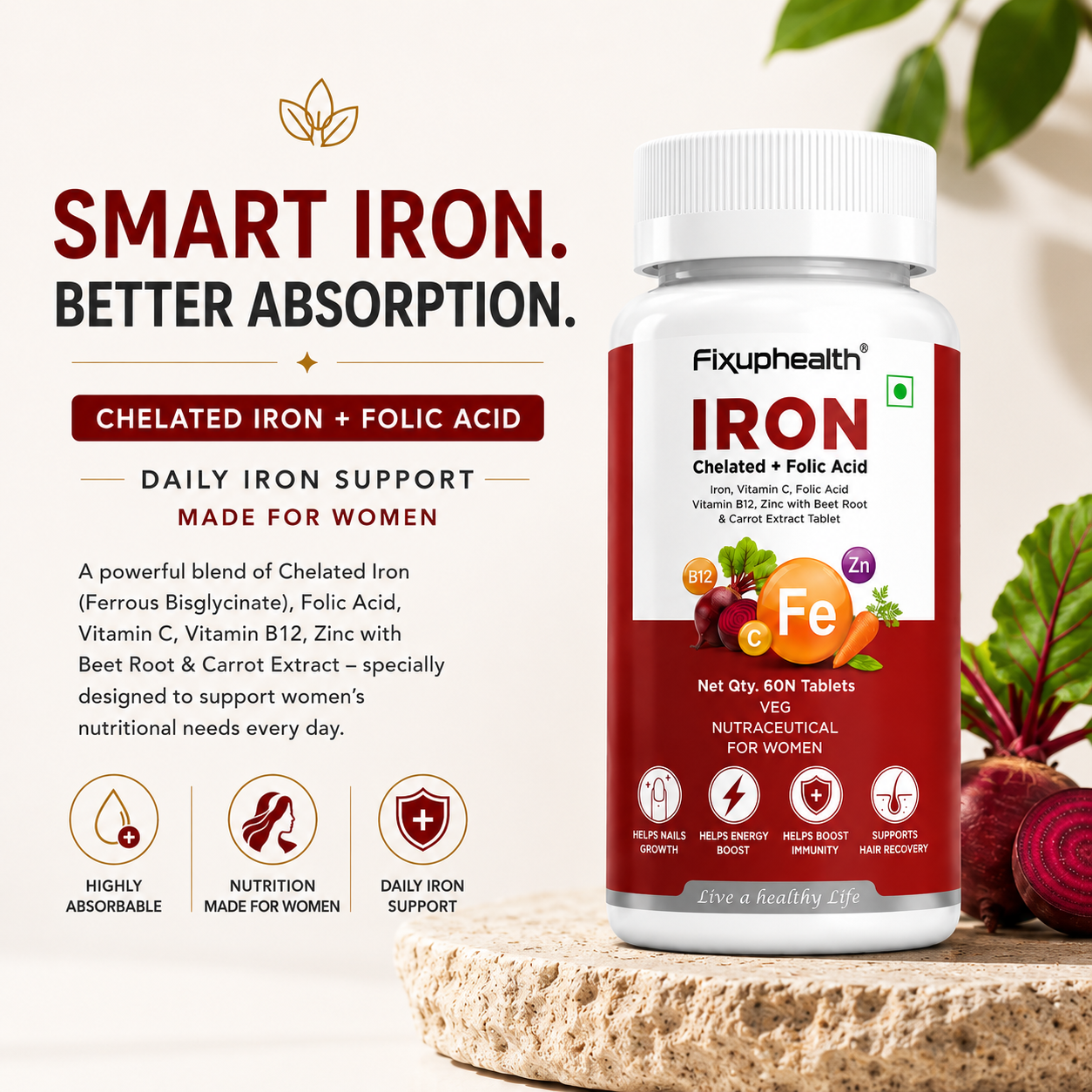Fixuphealth Chelated Iron Supplement for Women | Folic Acid, Vitamin B12, Vitamin C, Zinc, Beetroot & Carrot Extract | High Absorption Iron Tablets for Women | (60 Tablets)