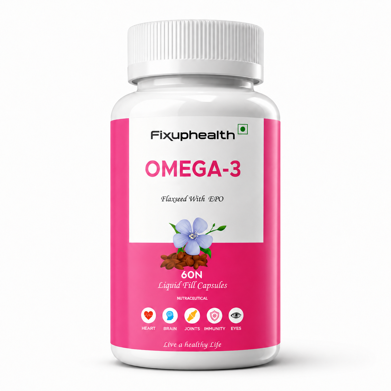 Fixuphealth Flaxseed Oil Omega 3 Vegetarian Capsules with Evening Primrose Oil | Vegan Omega 3 Supplement for Hair, Skin, Heart, Brain, Joint & Bone Health | 60 Liquid Filled Veg Capsules