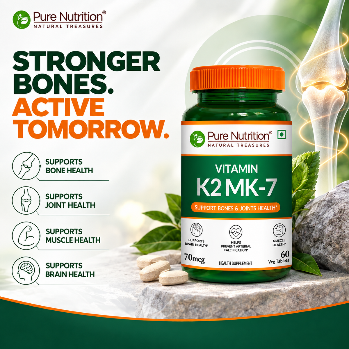 Pure Nutrition Vitamin K2 MK7 with Vitamin D3 Tablets for Men & Women | Supports Bone Strength, Heart Health & Calcium Absorption | K2 MK-7 Supplement – 60 Veg Tablets