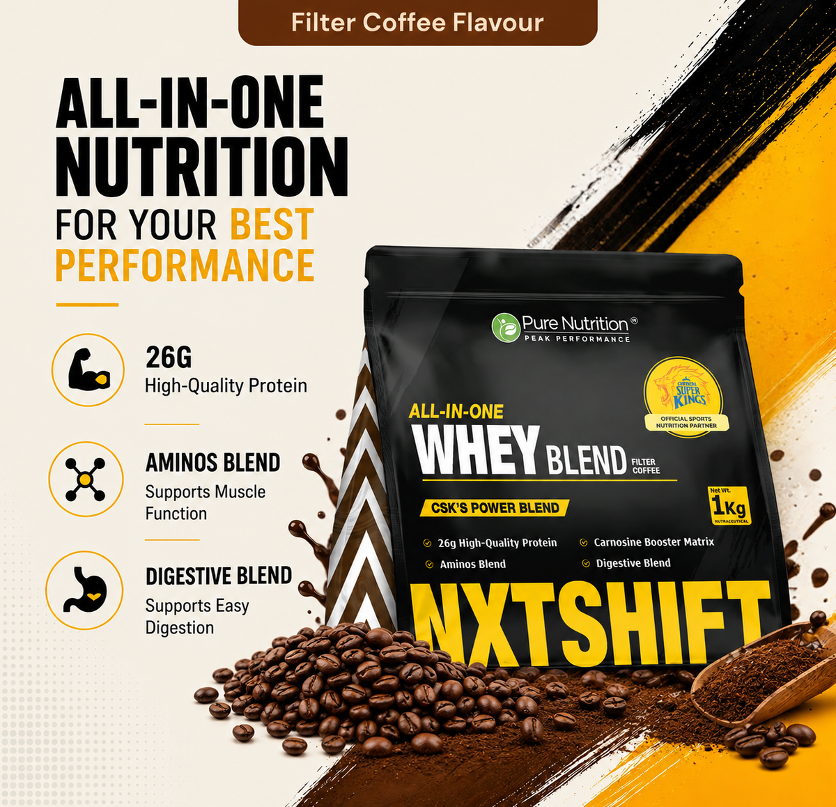 Pure Nutrition All-in-One Whey Blend Filter COFFEE-1kg | 26g Protein per Serving | Whey, Soy & Casein Blend with Creatine, Superfoods & Digestive Enzymes | Muscle Recovery & Performance Support