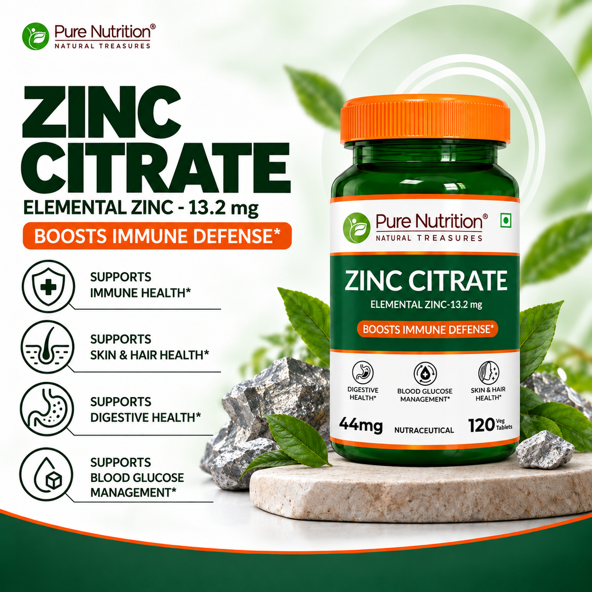 Pure Nutrition Zinc Citrate Tablets 44mg | High Absorption Zinc Supplement for Immunity, Blood Sugar & Bone Health | Supports Muscle Recovery, Skin Glow, Hair Strength & Nail Growth | Essential Mineral for Overall Wellness – 120 Veg Tablets