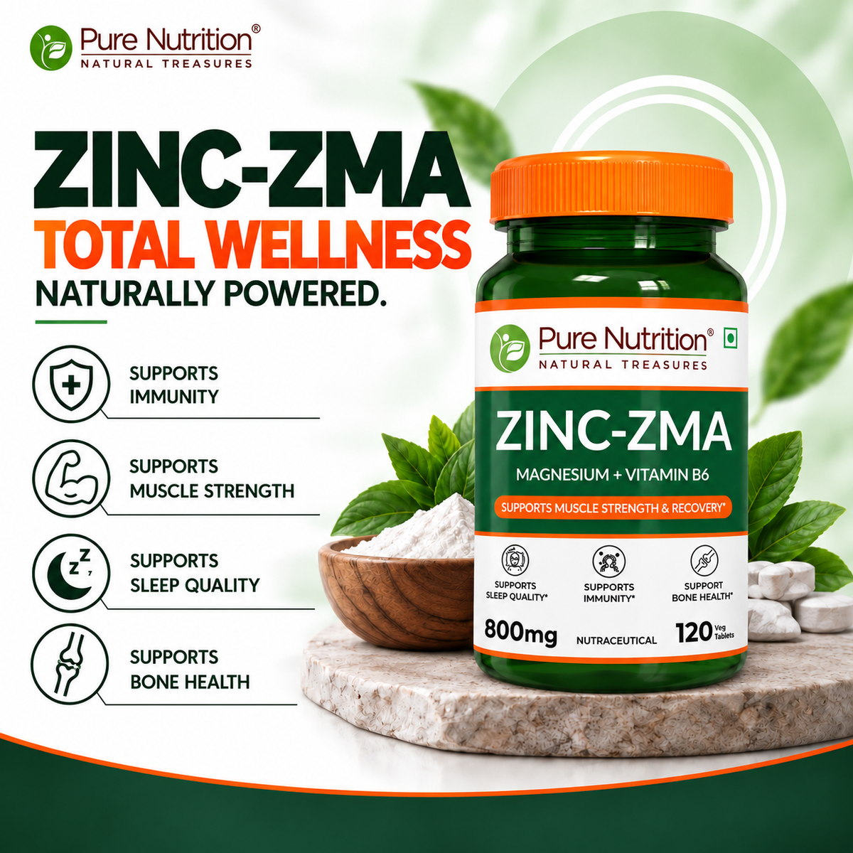 Pure Nutrition Zinc-ZMA 800 mg Veg Tablet with Magnesium & Vitamin B6 for Immunity, Bones & Muscles | 120 Veg Tablet
