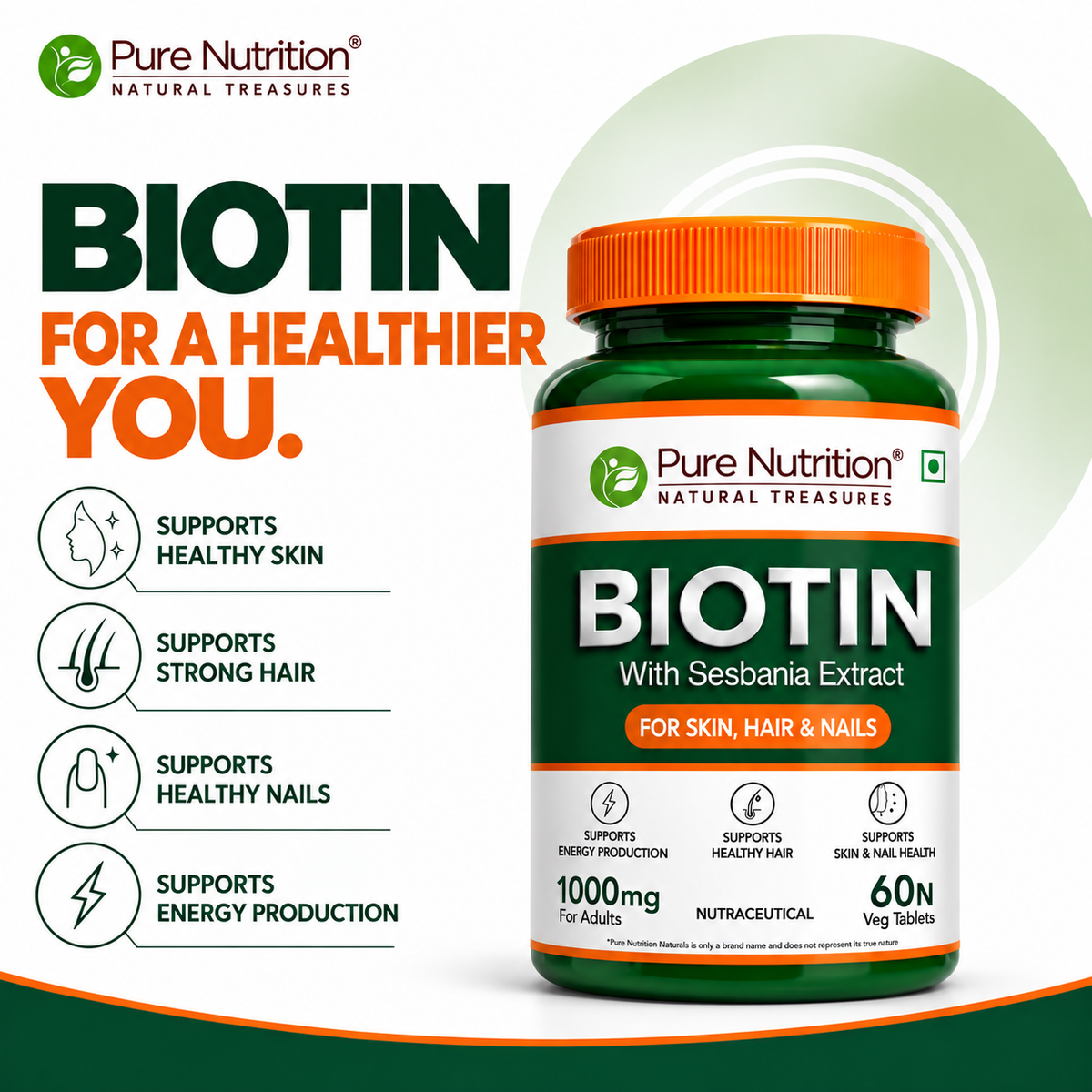 Pure Nutrition Biotin Tablet - with Sesbania, Bamboo Shoot, Moringa & Amla – Promotes Hair Growth, Glowing Skin, Strong Nails & Overall Wellness for Men & Women - 60 Tablets