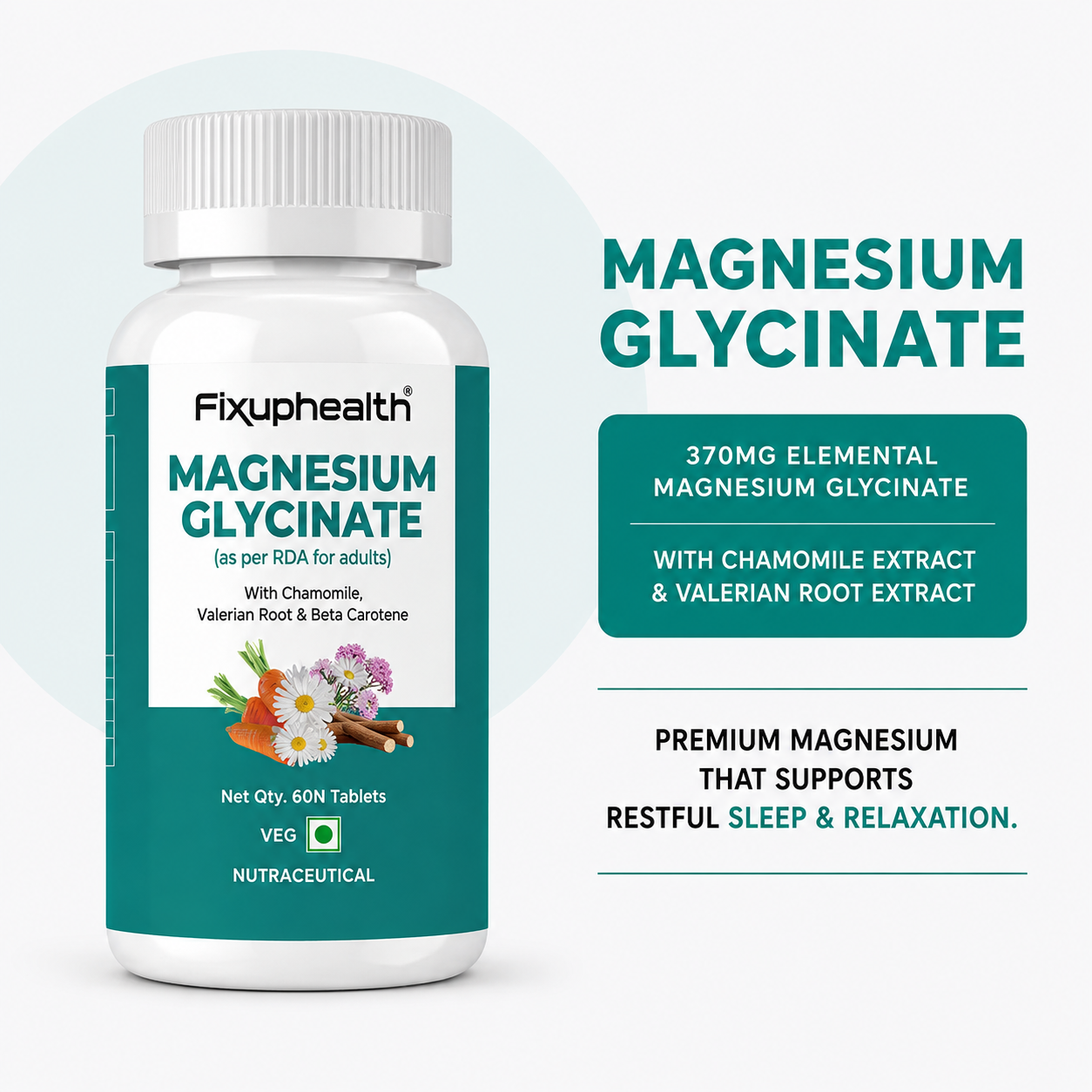 Fixuphealth Magnesium Glycinate Supplement 60 Tablets | High Absorption Magnesium Bisglycinate 370mg Elemental | Supports Sleep, Muscle Cramps, Nerve Health, Bone & Joint Support