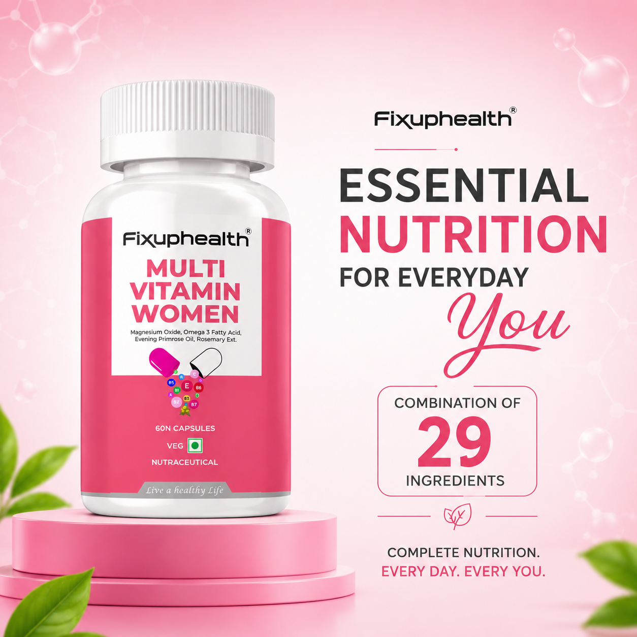 Fixuphealth Multivitamin Capsules for Women | Multivitamin with Probiotics, Omega 3, Evening Primrose Oil, Vitamins C, D & B12, Magnesium & Zinc | Immunity, Energy & Daily Wellness Support | 60 Capsules