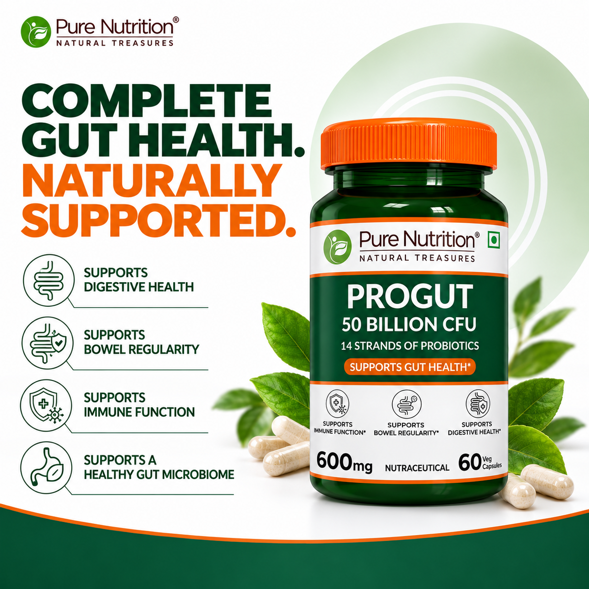 Pure Nutrition Progut Probiotics 50 Billion CFU Capsule for Digestion & Gut Health | 60 Capsule