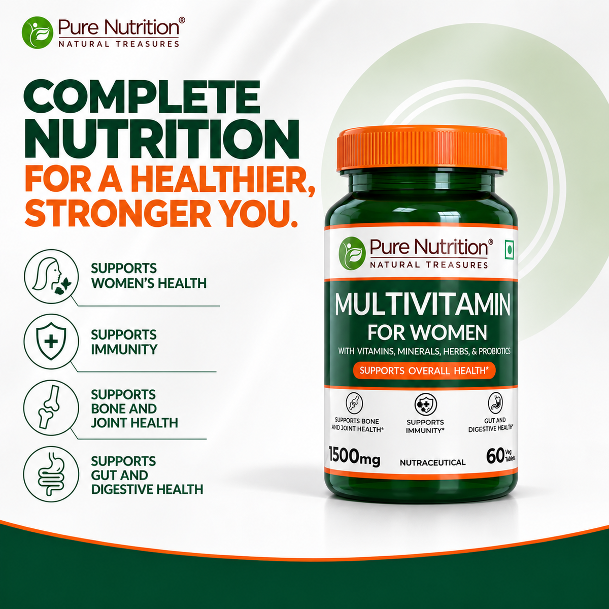 प्योर न्यूट्रिशन मल्टीविटामिन फॉर वीमेन (1500mg), 60 वेज टैबलेट, बायोटिन, आयरन, अल्फाल्फा, मोरिंगा, जिनसेंग, मेथी और ग्रीन टी के साथ | रोग प्रतिरोधक क्षमता, ऊर्जा, सहनशक्ति, हड्डियों और संपूर्ण स्वास्थ्य में सहायक है