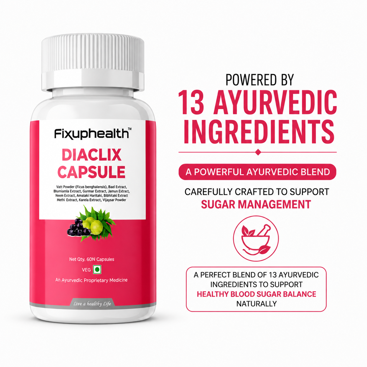 Fixuphealth Diaclix Diabetes Care Capsules | Gudmar, Jamun, Karela, Neem, Vijaysar & Guduchi Extracts | Helps Manage Blood Sugar Levels, Glucose, Metabolic Wellness & Daily Vitality | 60 Capsules