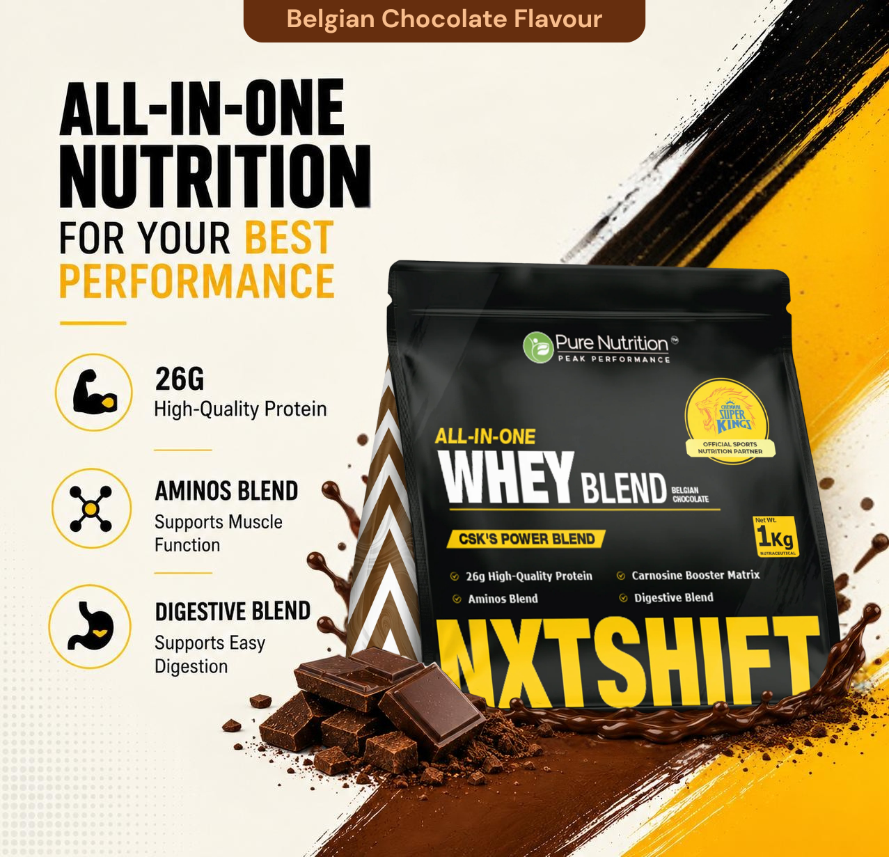 CSK Limited Edition Pure Nutrition NXT SHIFT All-In-One Whey Blend Powder - Belgian Chocolate, 1Kg Pouch