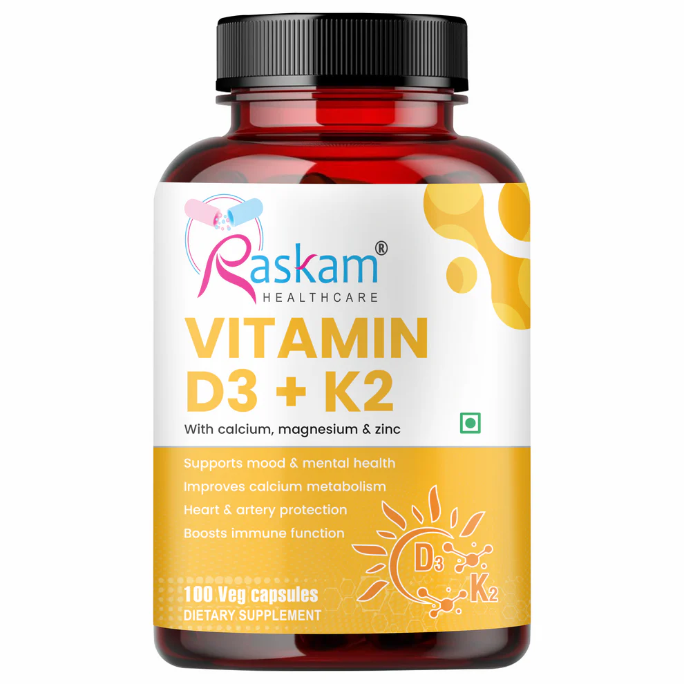 Raskam Vitamin D3 with K2- 100 capsules- Supports Stronger Immunity & Bone & Heart Health | Healthy Heart For Men And Women