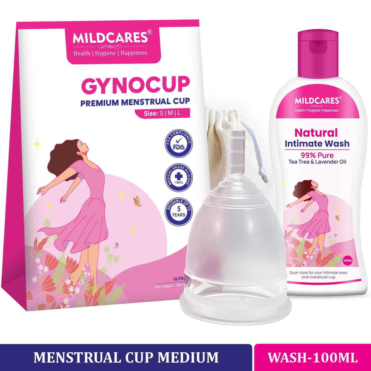 Mildcares Reusable Menstrual Cup with Cup Wash 100ml for Women ph. balance - Ultra Soft, Odor and Rash Free, No Leakage, Protection for Up to 10-12 Hours