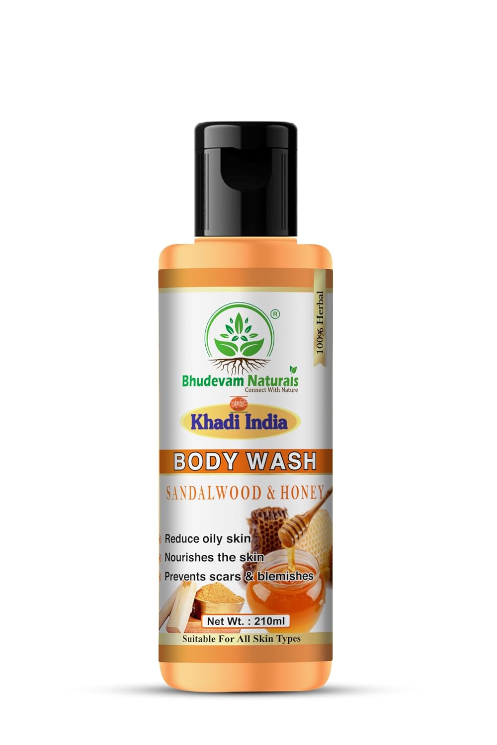 Bhudevam Naturals Khadi Sandalwood Honey Shower Gel, Natural Body Wash for Soft, Smooth & Healthy Skin- 210ML
