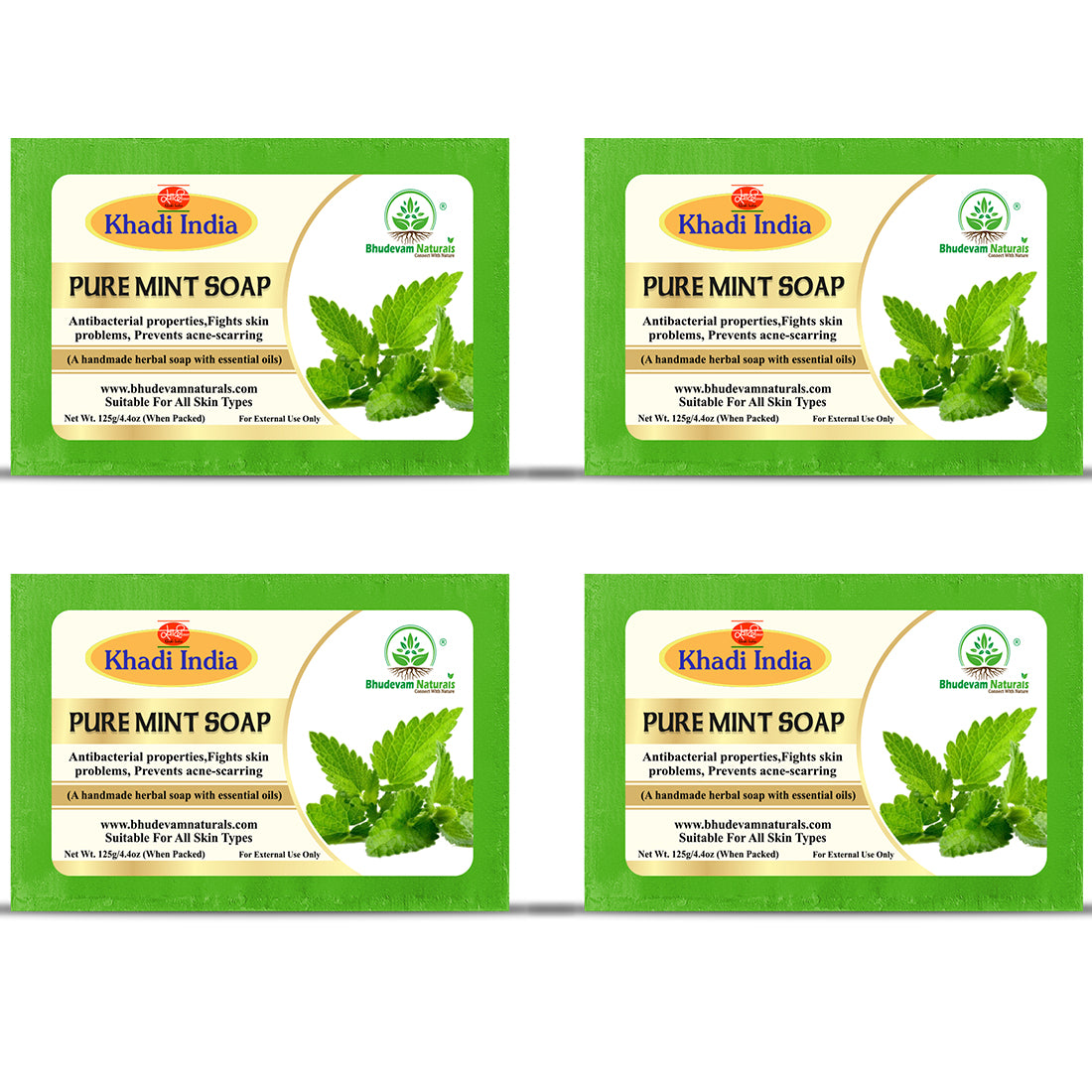 Bhudevam Naturals Khadi Mint Soap for Bath – Cooling Effect, Antibacterial Body Soap, Keeps Skin Fresh & Clean All Day - 500GM (Pack of 4)