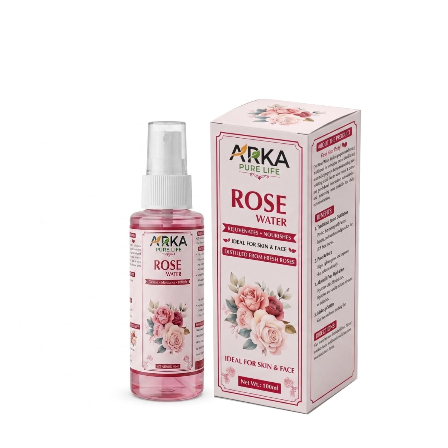 Arka Pure Life Rose Water Face Mist Spray – Refreshing & Hydrating Facial Mist for Fresh, Soft & Healthy-Looking Skin – 100ml