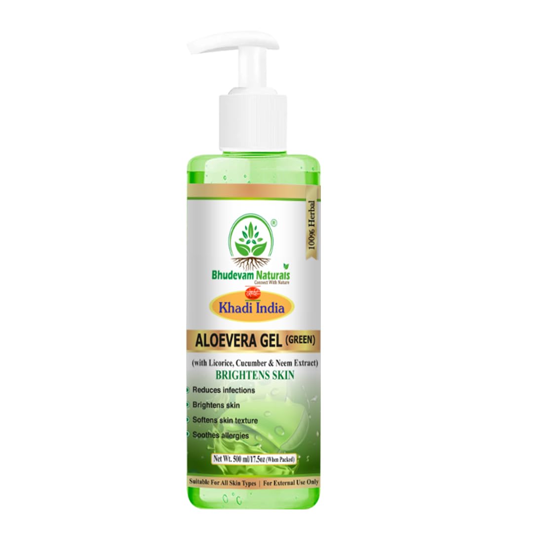 Bhudevam Naturals Khadi Pure Aloe Vera Gel | Lightweight Non-Sticky  green Gel for Skin Hydration, Acne Control, Hair Care & Skin Brightening- 500GM