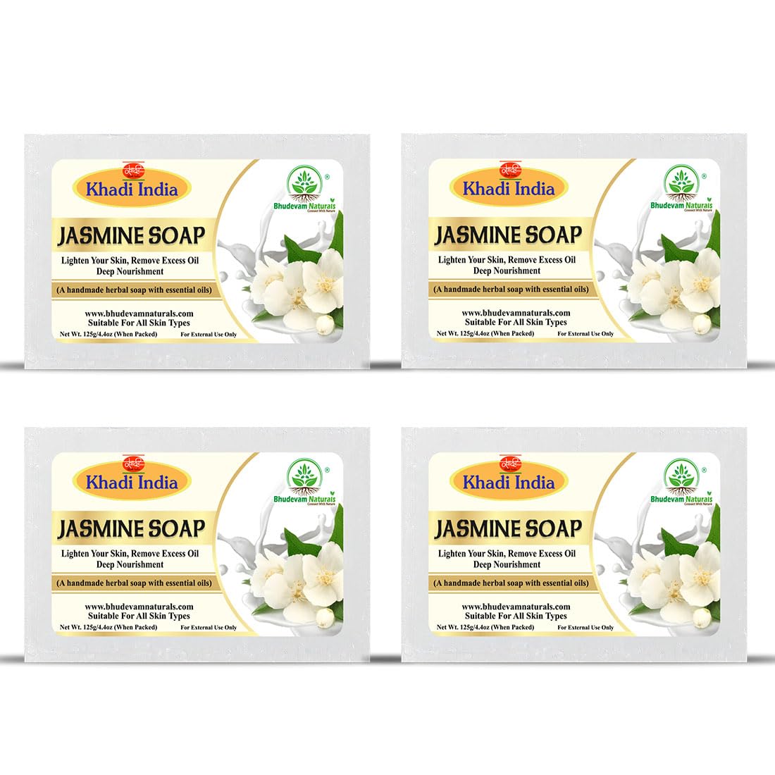 Bhudevam Naturals Khadi Jasmine Bath Soap for Moisturizing, Skin Nourishment & Long Lasting Fragrance - 500GM (Pack of 4)