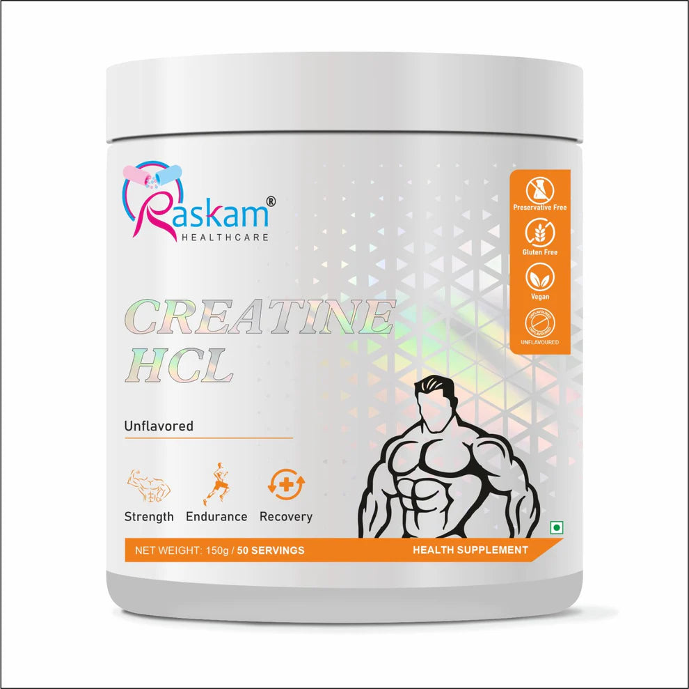 Raskam Pure Creatine HCL Powder (Unflavoured, 50 Sevings) | Rapid Absorption | Enhanced Muscle Strength & Power-150gm