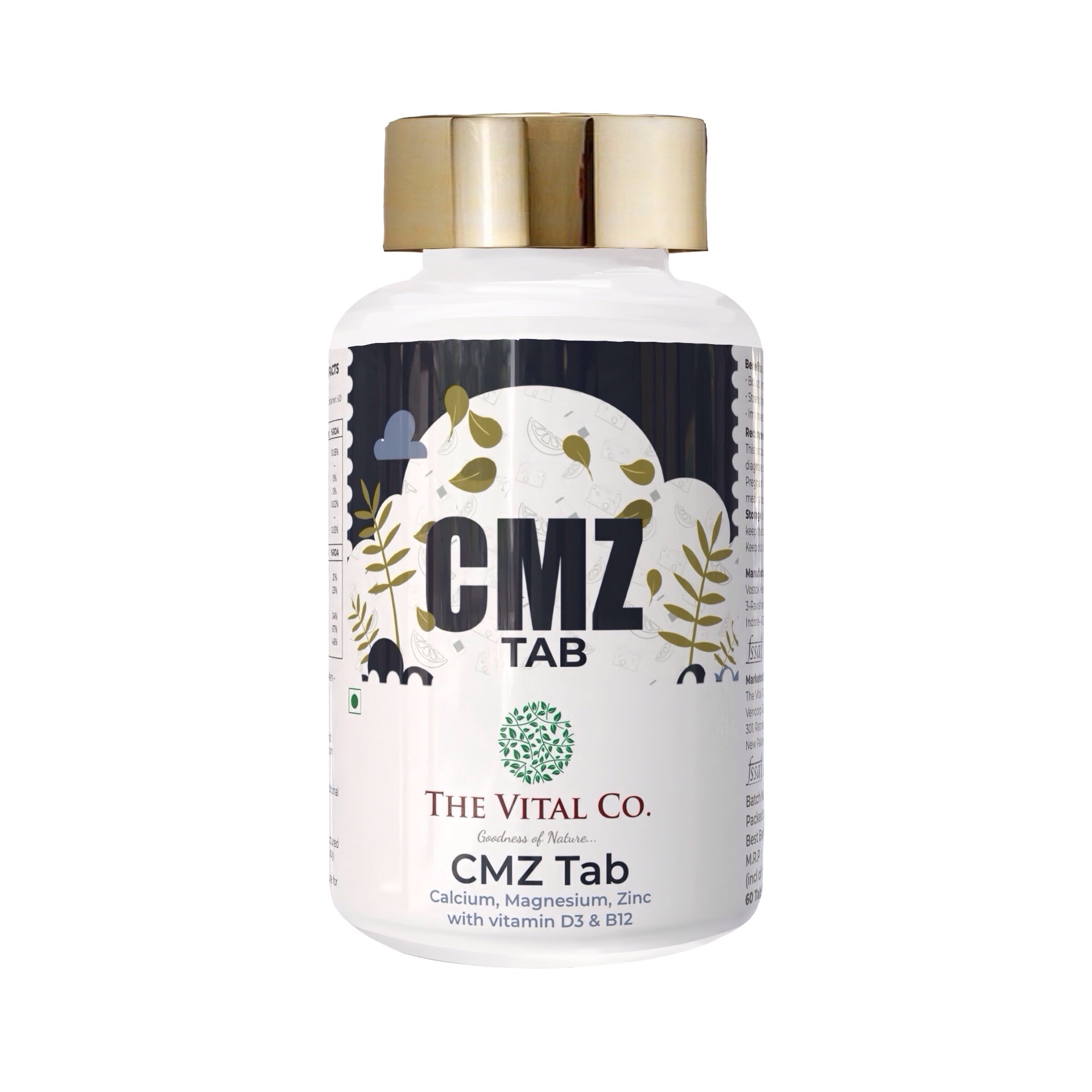 The Vital Co CMZ Tab | Calcium Magnesium Zinc with Vitamin D3 & B12 Supplement | Bone Strength, Teeth Support & Immunity Formula | Daily Mineral Tablets for Men & Women | Nutrient Absorption Support