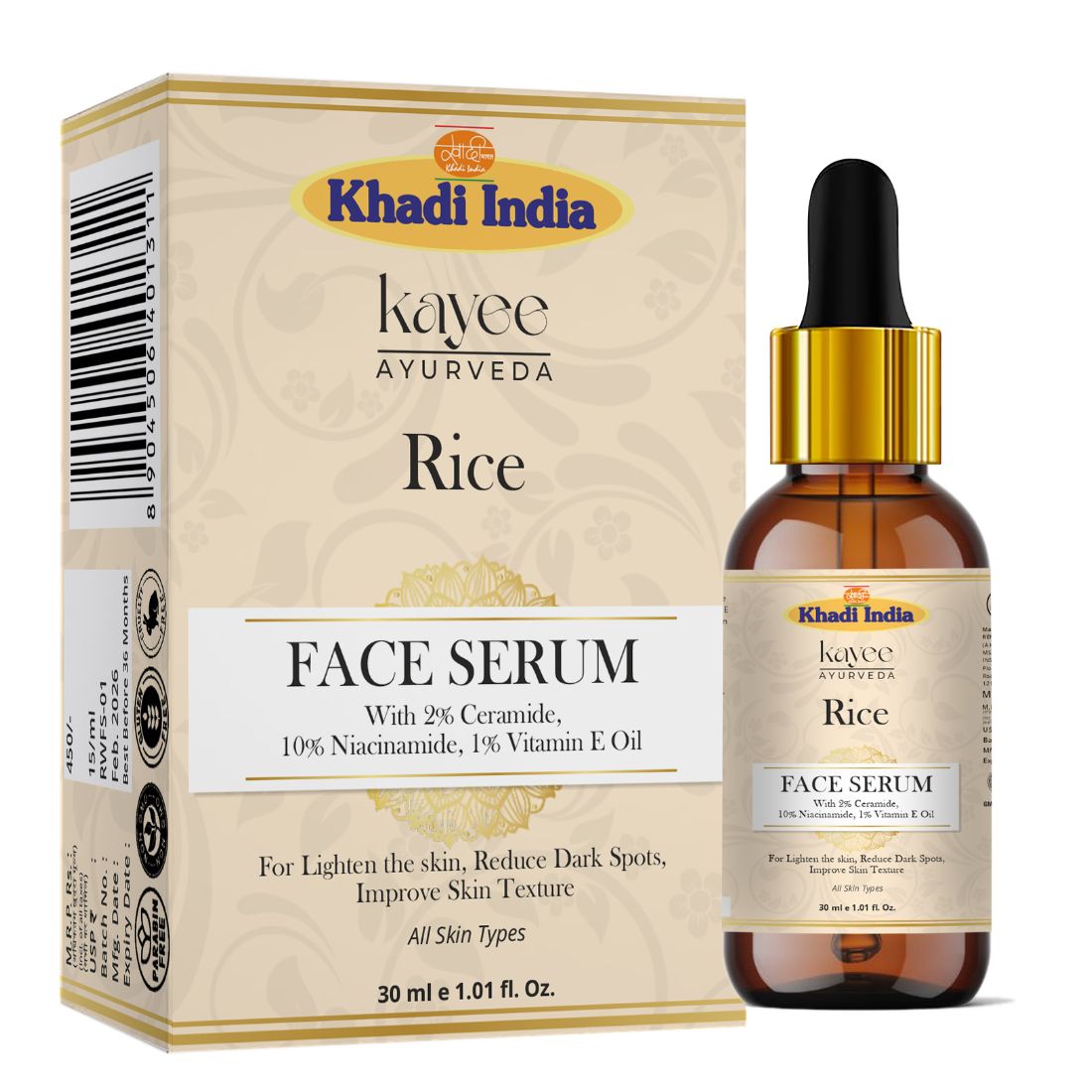 Kayee Ayurveda Rice Face Serum for Glowing & Hydrated Skin | Lightweight Facial Serum for Dull, Dry & Uneven-Looking Skin | Helps Improve the Appearance of Skin Tone, Texture & Dullness | Daily Skincare Serum for Women & Men | 30 ml