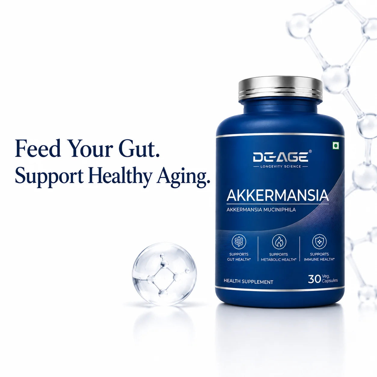 De-Age Akkermansia AH39 30 Capsules | Gut Health & Healthy Aging Support Supplement
