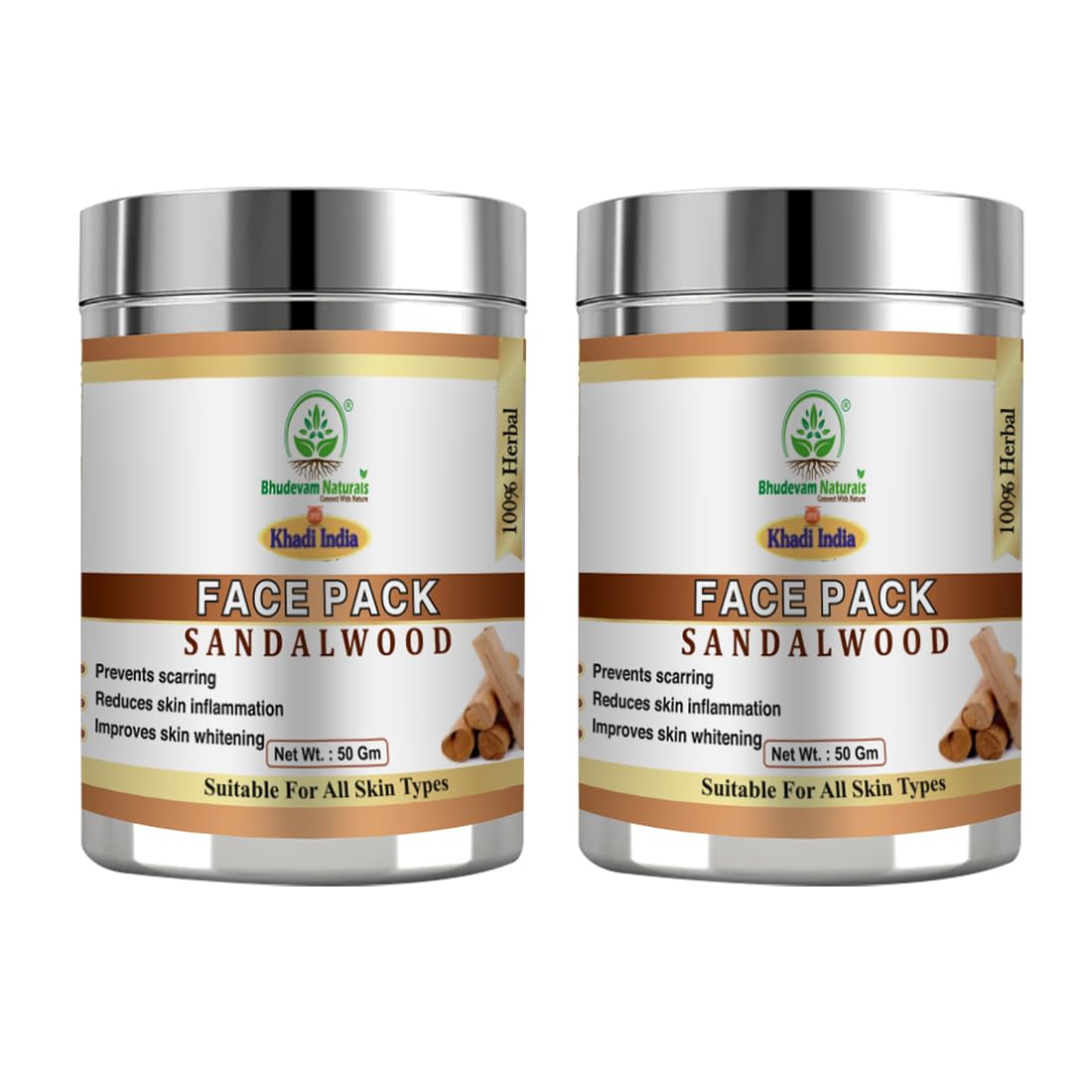 Bhudevam Naturals Khadi Sandalwood Face Pack for Skin Brightening & Glow- 100GM (Pack of 2)