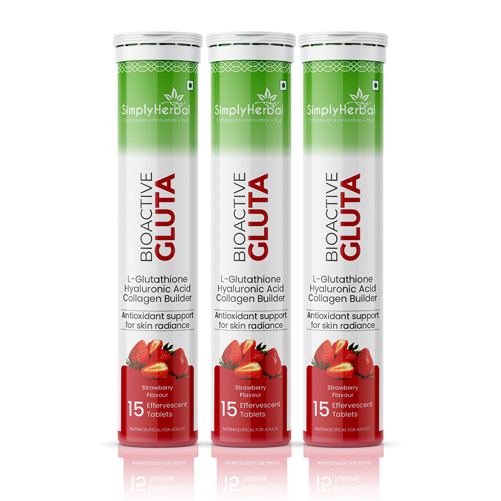 Simply Herbal Bioactive Gluta, Strawberry Flavoured Effervescent Tablets with L-Glutathione, Hyaluronic Acid and Collagen Builder, 15 Tablets
