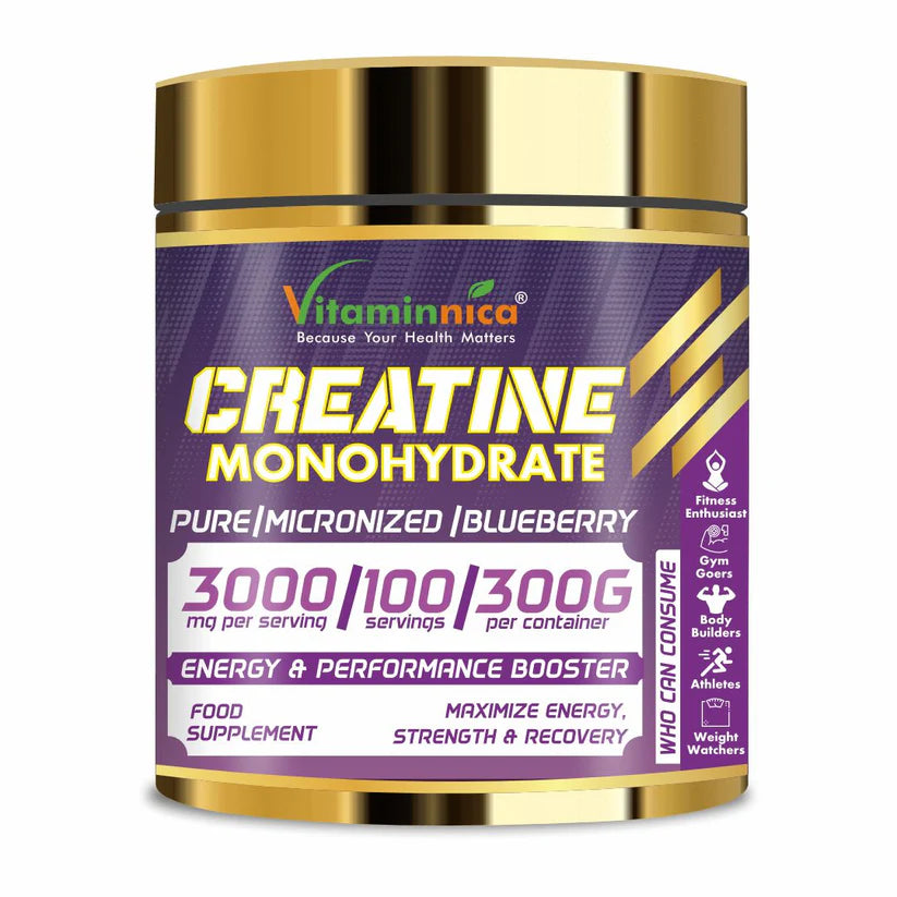 Vitaminnica Pure Creatine Monohydrate Powder - Blueberry Muscle Builder, 300g, 100 Servings