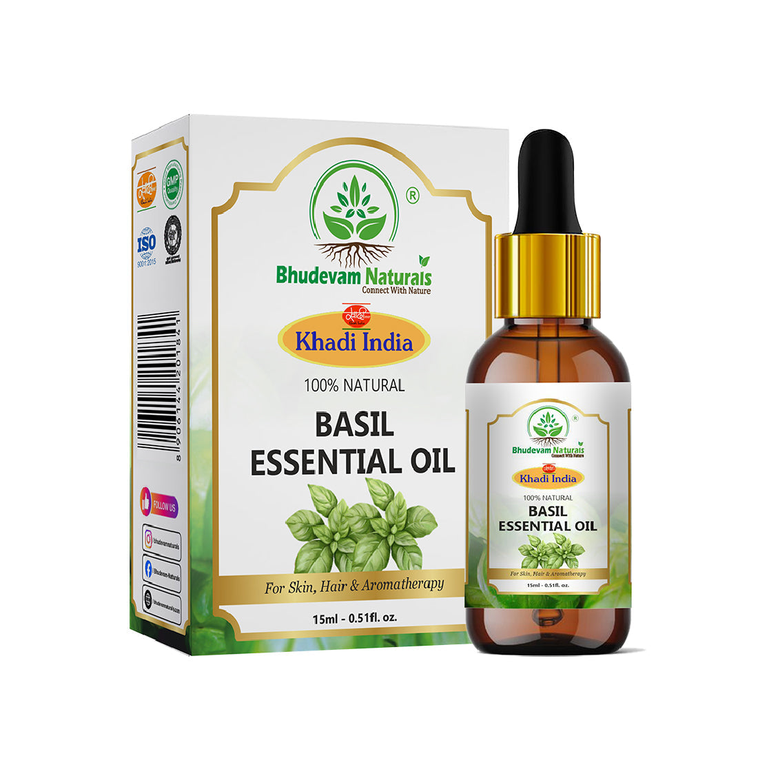 भूदेवम नैचुरल्स खादी तुलसी एसेंशियल ऑयल - बालों की देखभाल, अरोमाथेरेपी, तनाव से राहत, डिफ्यूज़र, मसाज और त्वचा की देखभाल के लिए - 15 मि.ली.